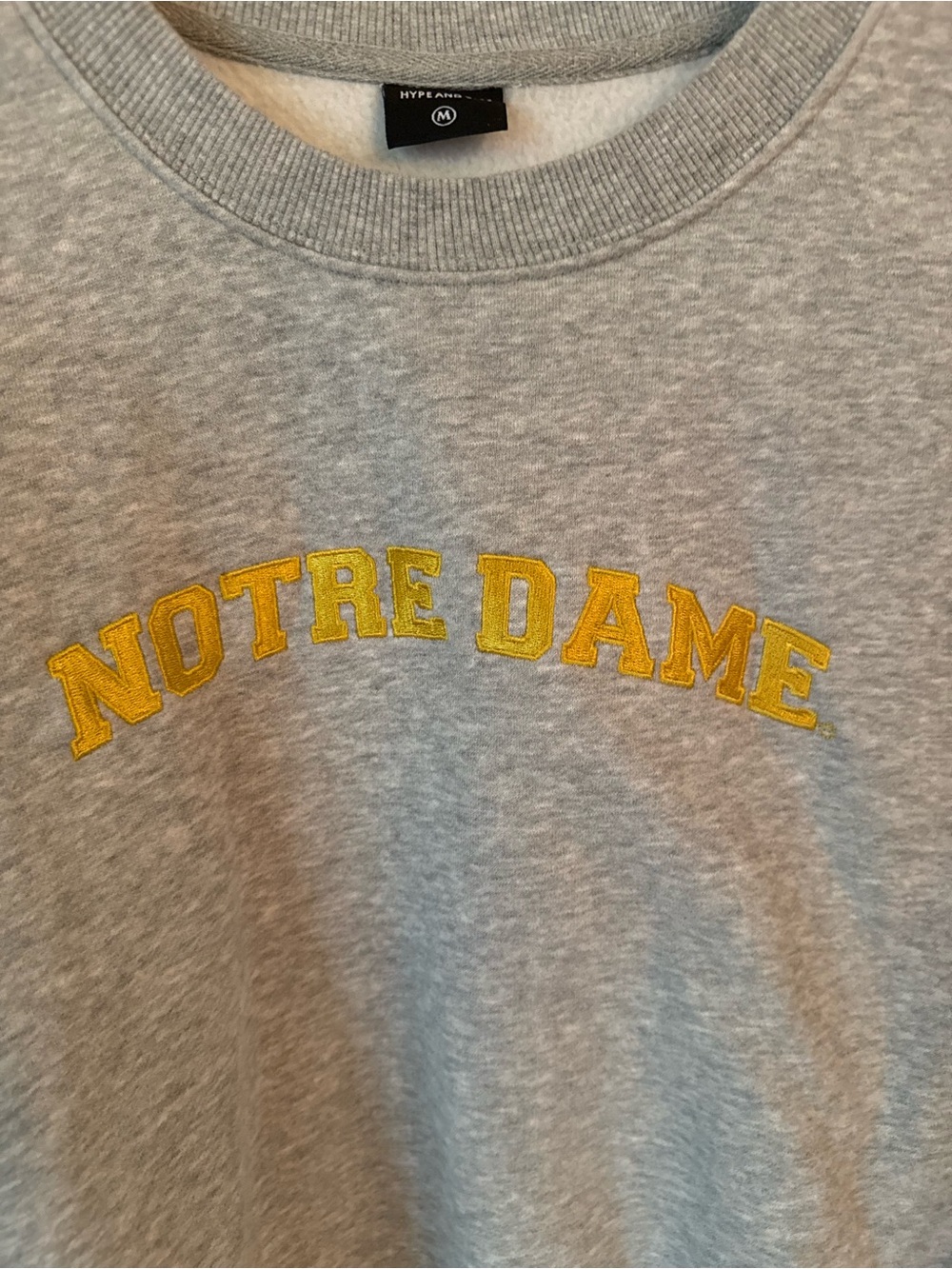 Hype and Vice Notre Dame Gray Crewneck Sweatshirt with Yellow Lettering medium